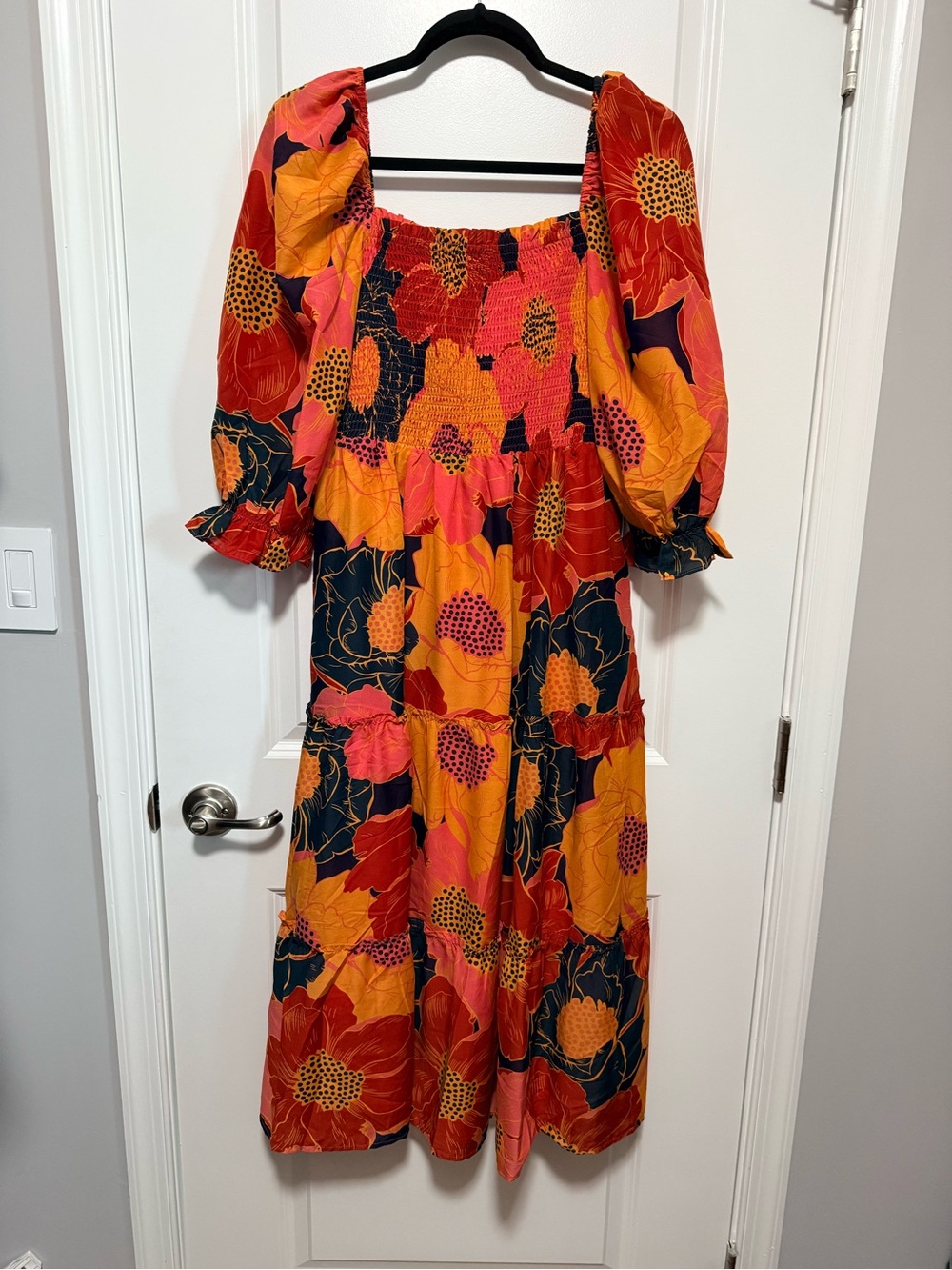 Smocked Midi Dress with Bold Floral Print in Red, Orange & Navy